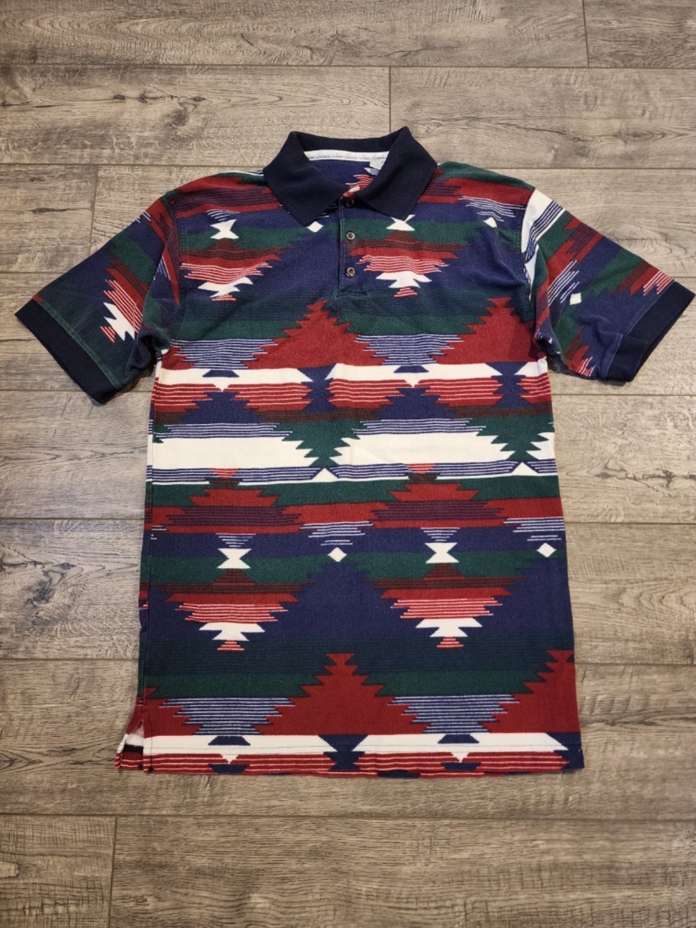 Vintage Aztec Print Mens Polo Shirt Size Large Short Sleeve Western Cowboy